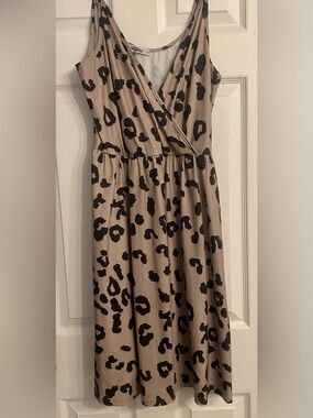 Sleeveless Leopard Print Wrap-Front Midi Dress in Taupe & Black
